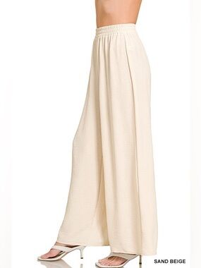 Zenana Sand Beige Woven Airflow Elastic Waistband Pants